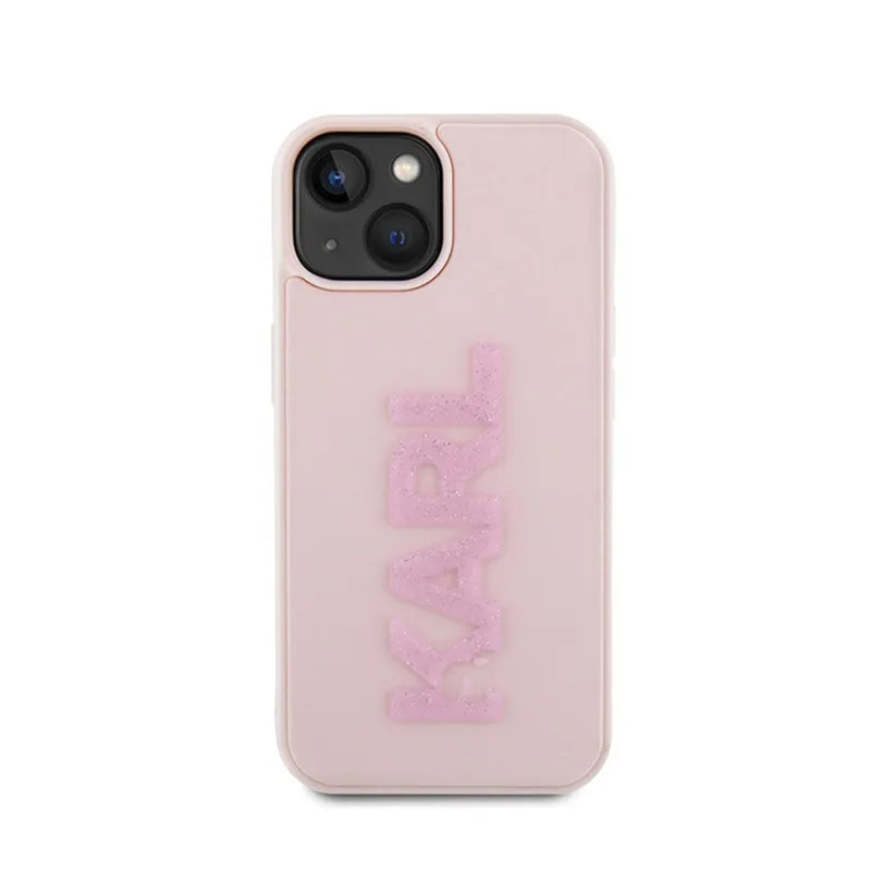 Karl Lagerfeld 3D Rubber Glitter Logo – dėklas iPhone 15 Plus telefonui (rožinis)