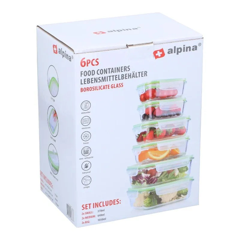 Alpina – 6 stiklo maisto indų rinkinys su dangteliais pietų dėžutės 370 ml / 640 ml / 1050 ml