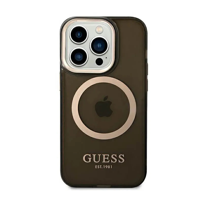 Guess Gold Outline Translucent MagSafe – dėklas iPhone 14 Pro (juodas)