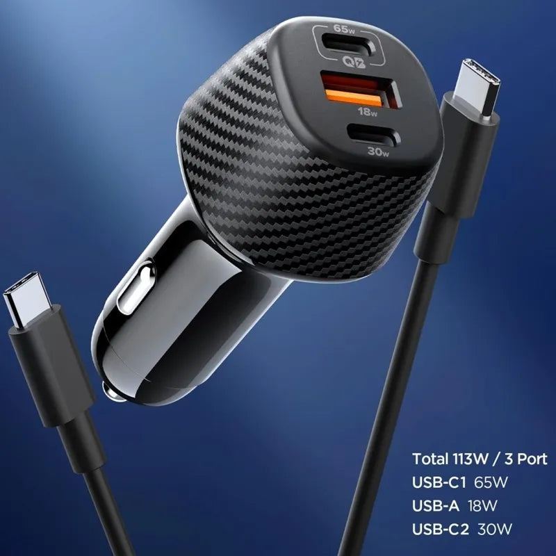 Spigen Essential EV1133 – automobilinis įkroviklis 2x USB-C PD ir USB-A QC3.0 113 W + 100 W, USB-C laidas, 1 m (juodas)