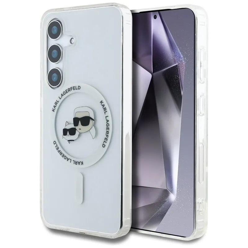 Karl Lagerfeld Button Karl & Choupette Heads Printed Logo MagSafe - Dėklas skirtas Samsung Galaxy S25 (Baltas)