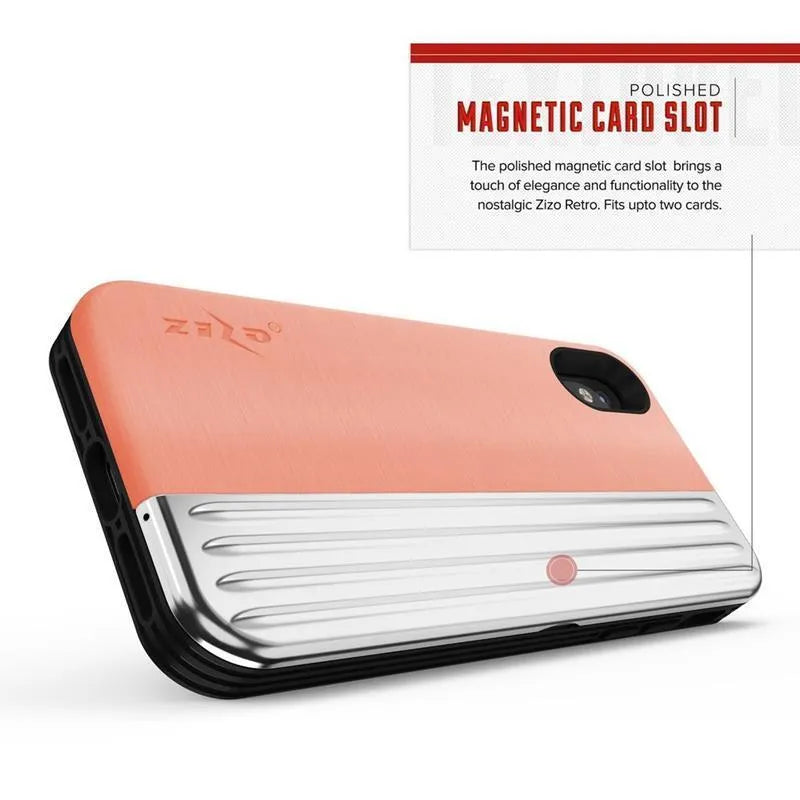 Zizo Retro serija – piniginės tipo nugarėlė su magnetiniu užsegimu ir įmontuotu stovu, skirta iPhone Xs / X (persikine/sidabrine spalva)