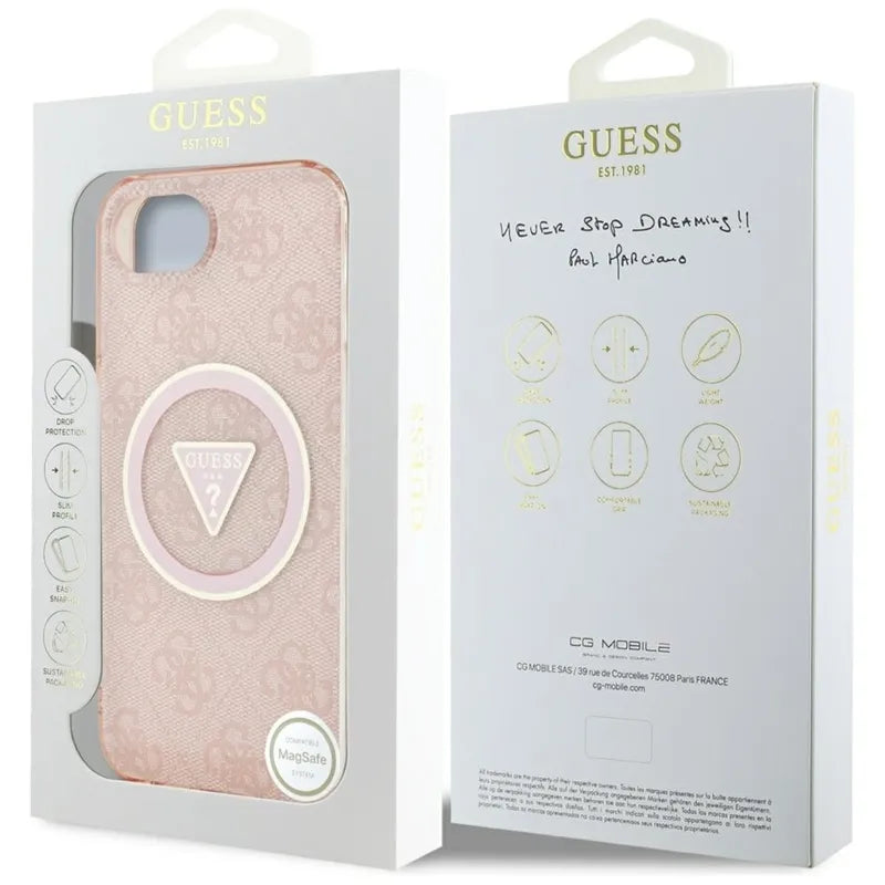 Guess IML Metal Glitter 4G Circle Triangle MagSafe – dėklas iPhone 16e (rožinis)