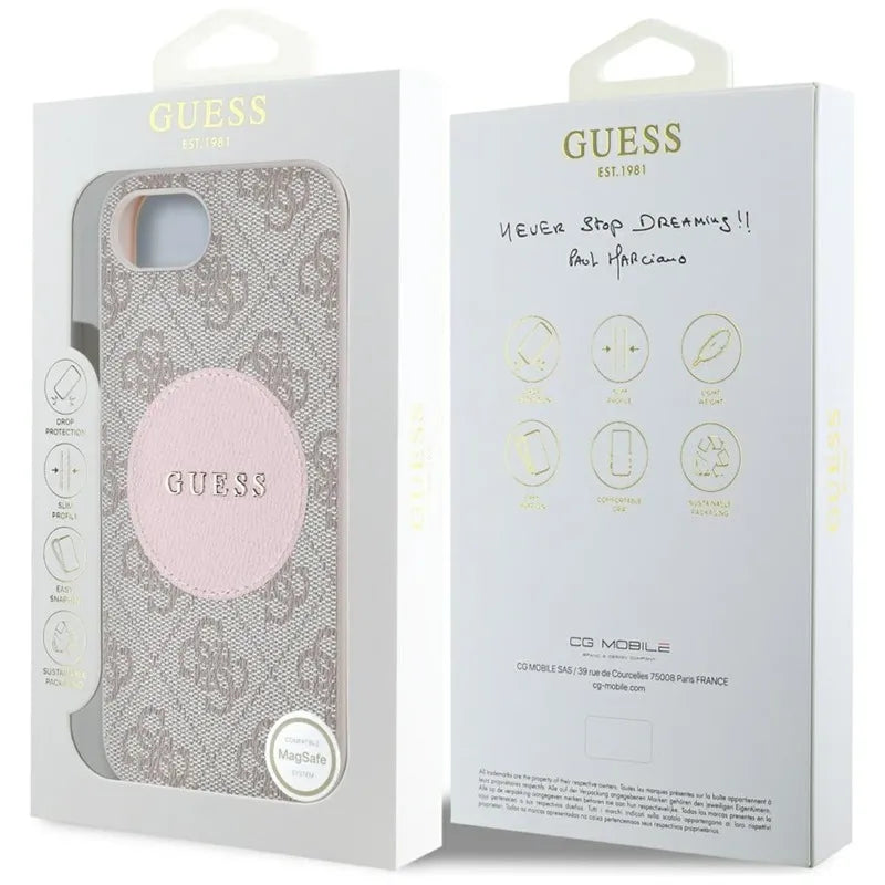 Guess 4G Circle Classic Logo MagSafe – dėklas iPhone 16e (rožinis)