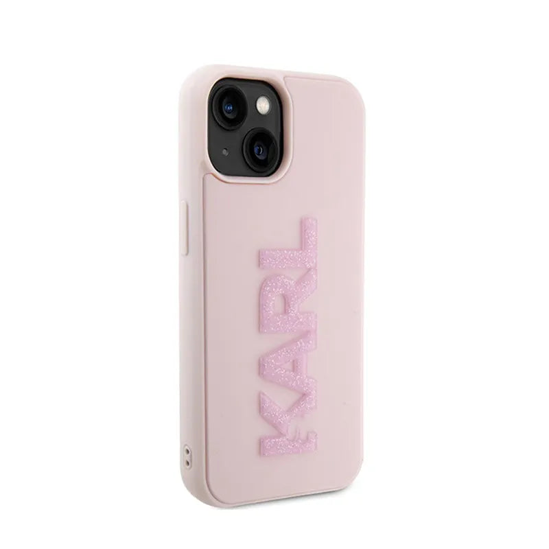 Karl Lagerfeld 3D Rubber Glitter Logo – dėklas iPhone 15 Plus telefonui (rožinis)