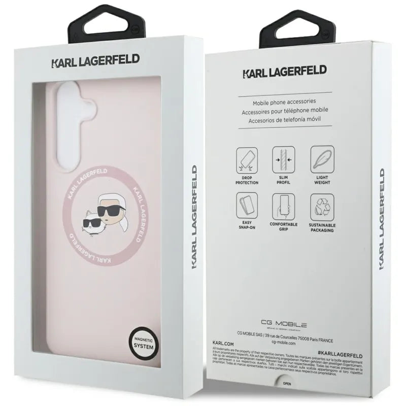 Karl Lagerfeld Silicone Karl & Choupette Heads MagSafe – dėklas Samsung Galaxy S25 FE (rožinis)