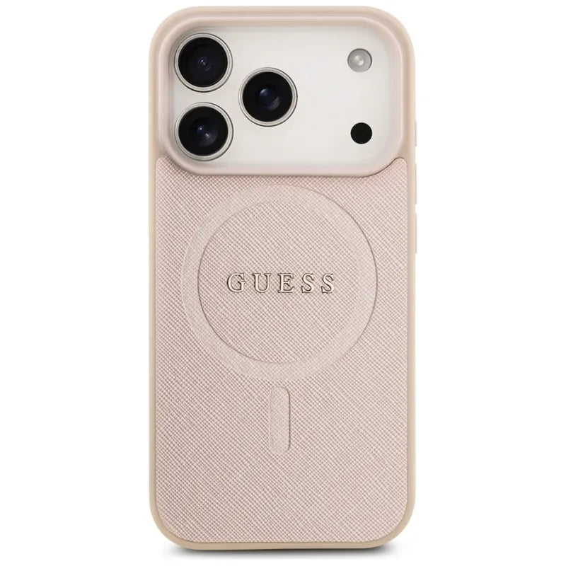 „Guess Saffiano Classic Logo MagSafe“ – dėklas „iPhone 17 Pro“ (rožinis)