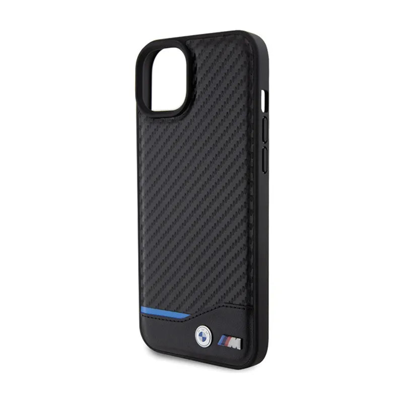 BMW Leather Carbon Blue Line – dėklas iPhone 15 Plus (juodas)