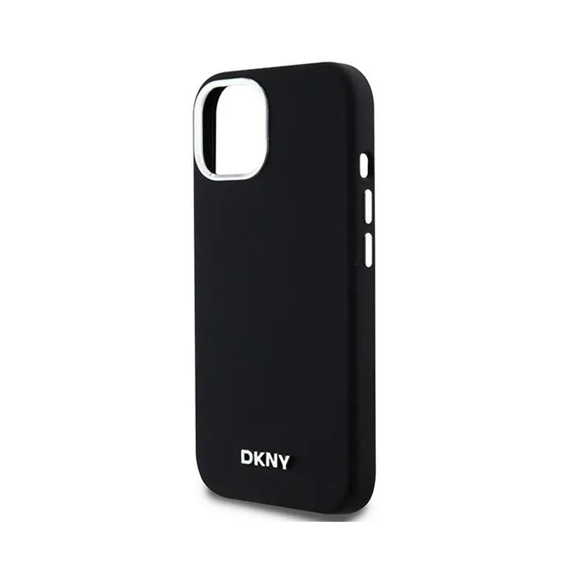DKNY Liquid Silicone Small Metal Logo MagSafe – dėklas iPhone 15 Plus / 14 Plus (juodas)