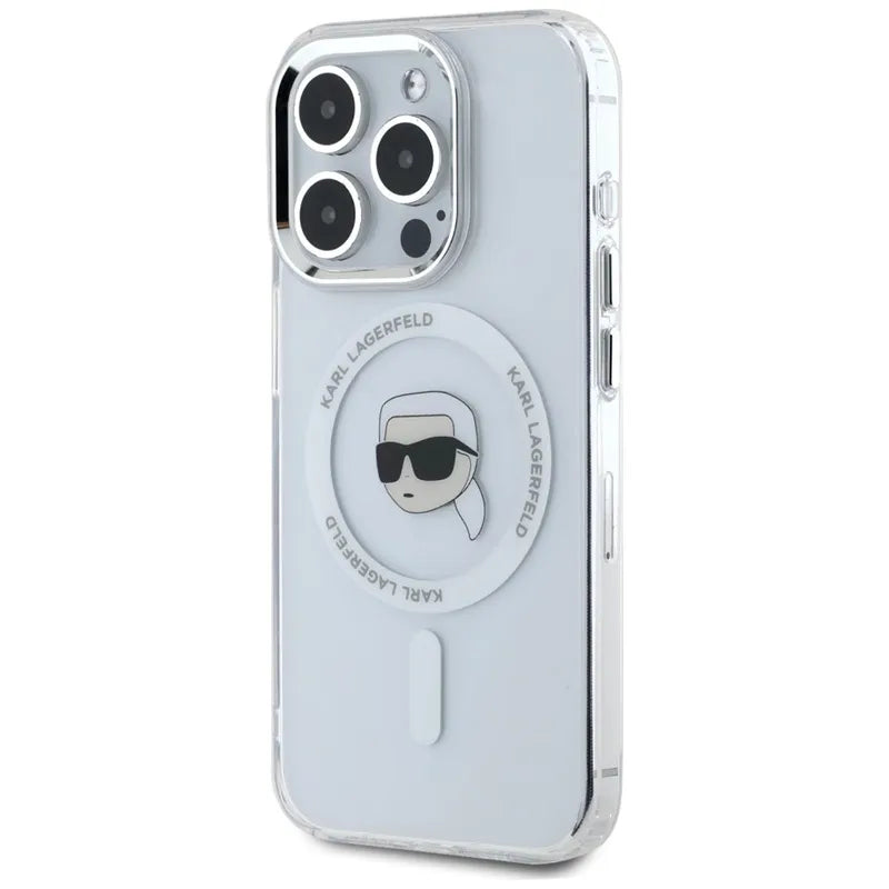 Karl Lagerfeld IML Metal Karl Head MagSafe – dėklas iPhone 15 Pro Max (baltas)