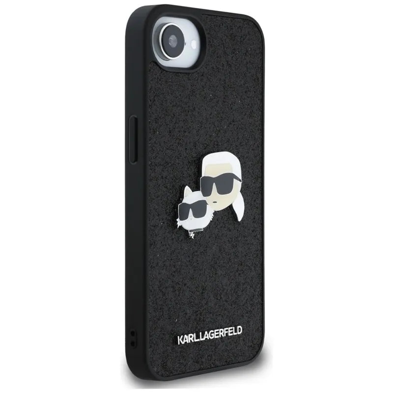 Karl Lagerfeld Fixed Glitter Karl & Choupette Heads Metal Pin – dėklas iPhone 16e (juodas)
