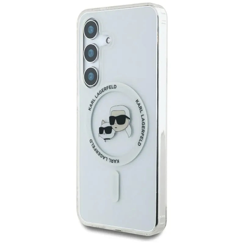 Karl Lagerfeld Button Karl & Choupette Heads Printed Logo MagSafe - Dėklas skirtas Samsung Galaxy S25 (Baltas)