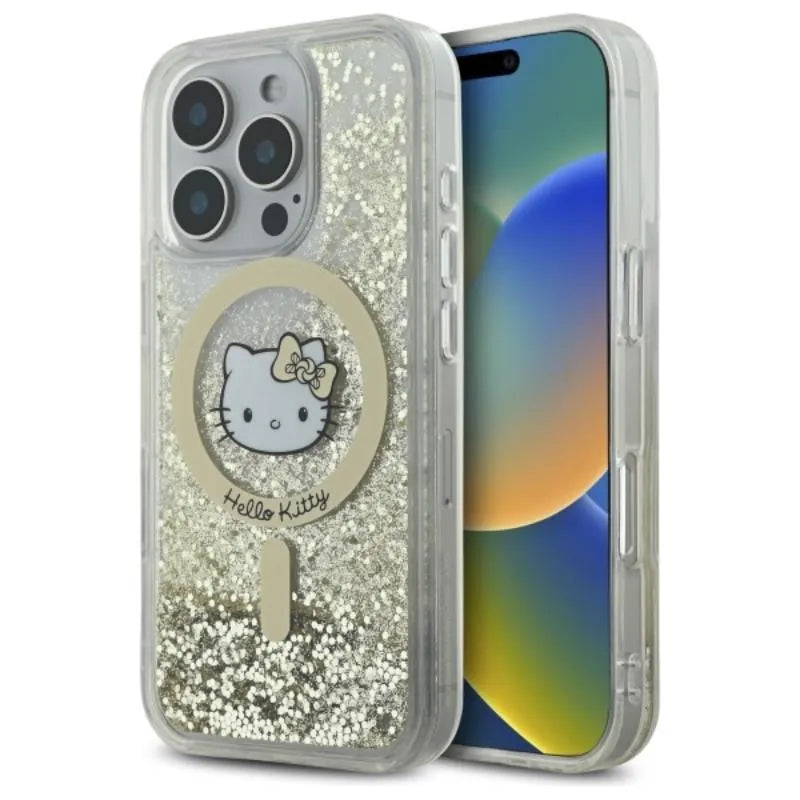 Hello Kitty Liquid Glitter Fever MagSafe - dėklas iPhone 16 Pro (balta/auksinė)
