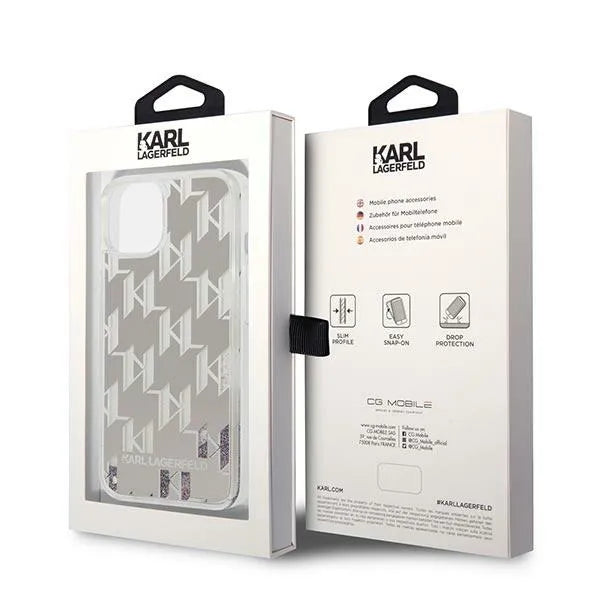 Karl Lagerfeld Monogram Liquid Glitter – dėklas, skirtas iPhone 14 Plus (sidabrinis)