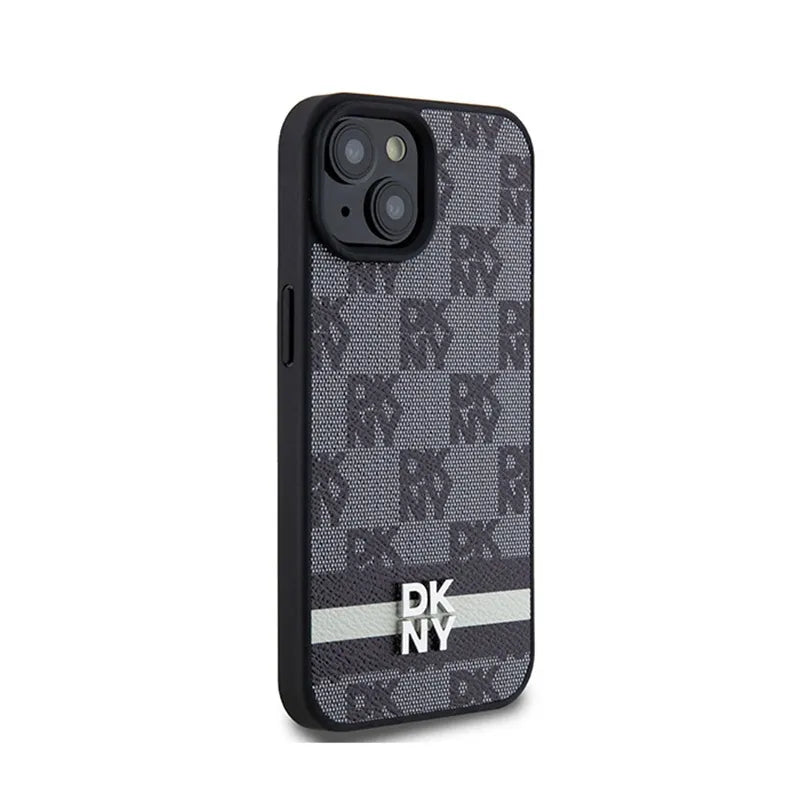 DKNY Leather Checkered Mono Pattern & Printed Stripes – iPhone 15 Plus / 14 Plus dėklas (juodas)