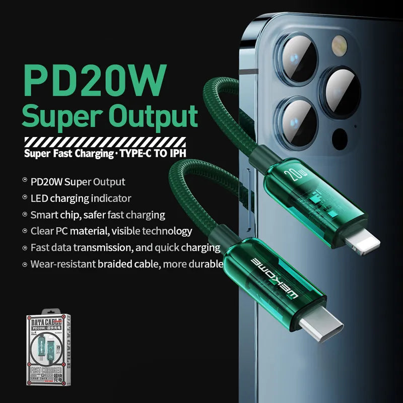 WEKOME WDC-181 Vanguard Series - USB-C į Lightning itin greito įkrovimo PD 20W jungiamasis laidas 1m (Žalias)