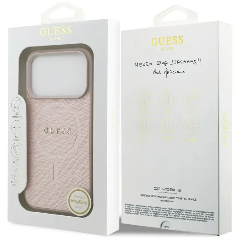„Guess Saffiano Classic Logo MagSafe“ – dėklas „iPhone 17 Pro“ (rožinis)
