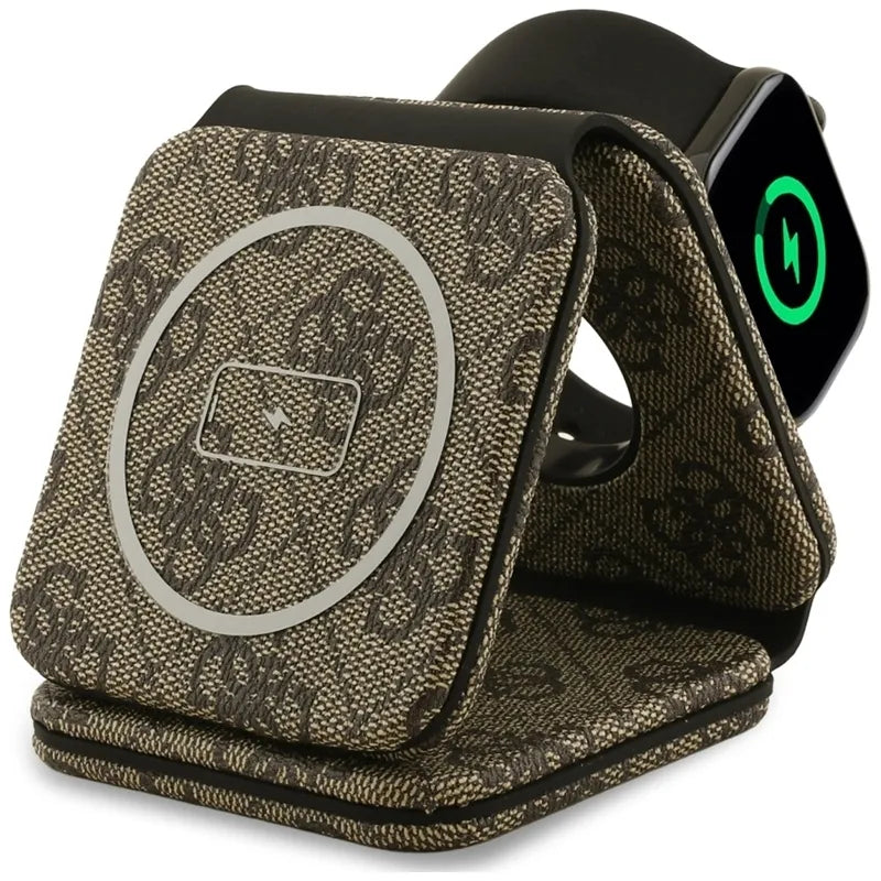 Belaidis įkroviklis Guess 4G – MagSafe 3-viename belaidis įkroviklis, skirtas iPhone, AirPods ir Apple Watch 15W (rudas)