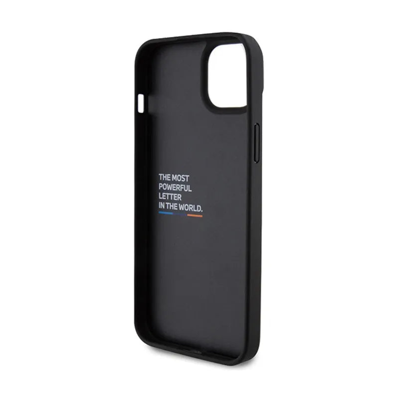 BMW Leather Carbon Blue Line – dėklas iPhone 15 Plus (juodas)