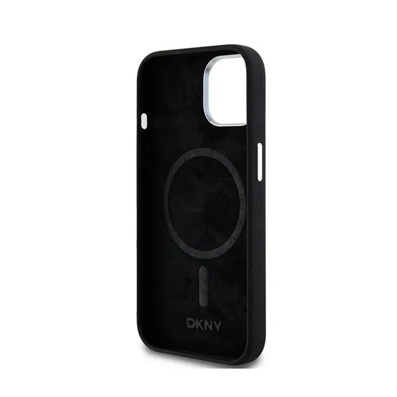 DKNY Liquid Silicone Small Metal Logo MagSafe – dėklas iPhone 15 Plus / 14 Plus (juodas)