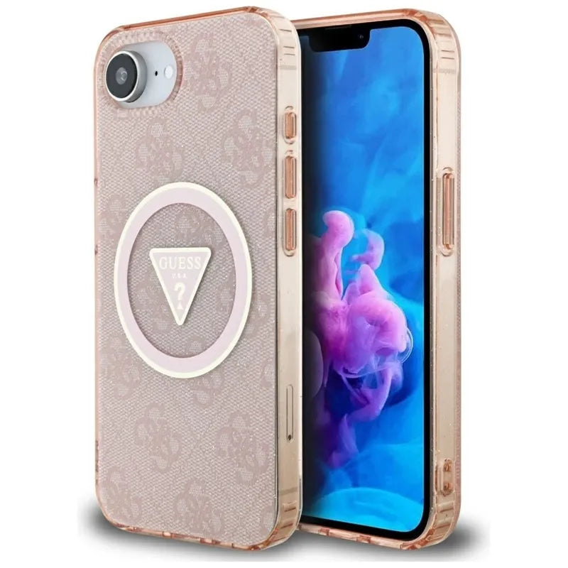 Guess IML Metal Glitter 4G Circle Triangle MagSafe – dėklas iPhone 16e (rožinis)