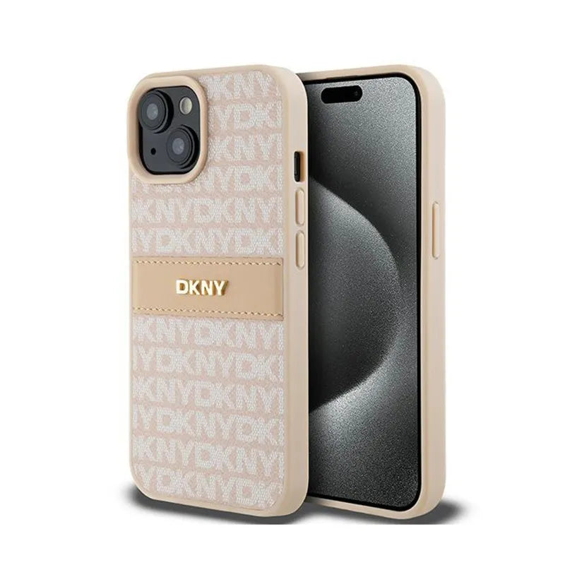 DKNY Leather Mono Stripe & Metal Logo – dėklas iPhone 15 / 14 / 13 (rožinis)