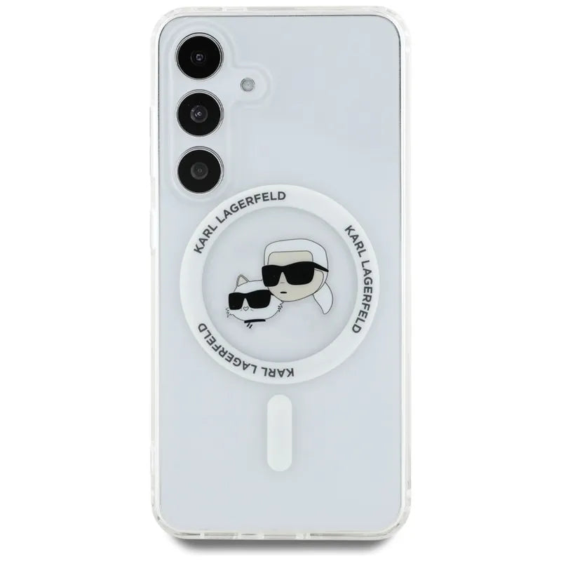 Karl Lagerfeld Button Karl & Choupette Heads Printed Logo MagSafe - Dėklas skirtas Samsung Galaxy S25 (Baltas)