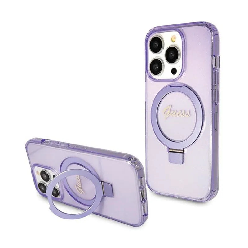 Dėklas Guess Ring Stand Script Glitter MagSafe – iPhone 15 Pro (violetinis)