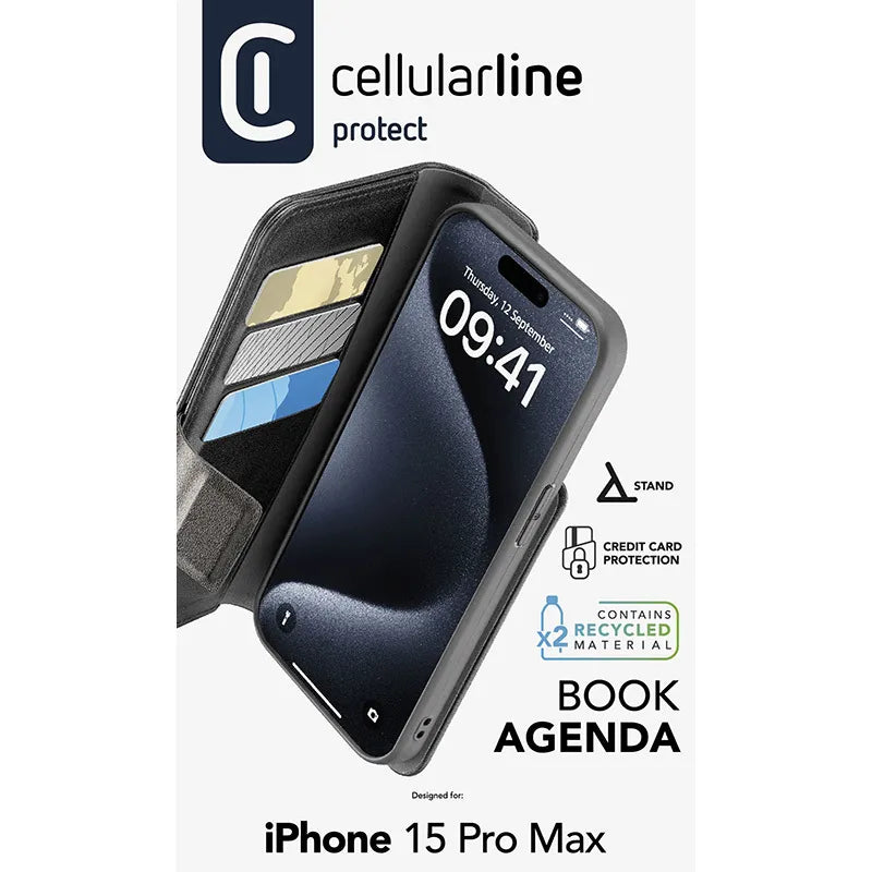 Cellularline Book Agenda – dėklas iPhone 15 Pro Max su MICROBAN danga (juodas)