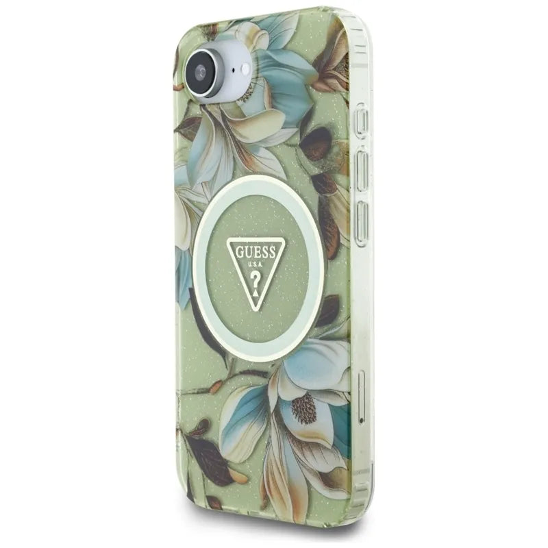 Guess IML Metal Glitter Flowers Triangle MagSafe – dėklas iPhone 16e telefonui (žalias)