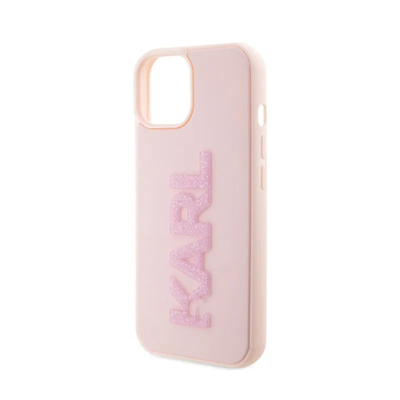 Karl Lagerfeld 3D Rubber Glitter Logo – dėklas iPhone 15 Plus telefonui (rožinis)
