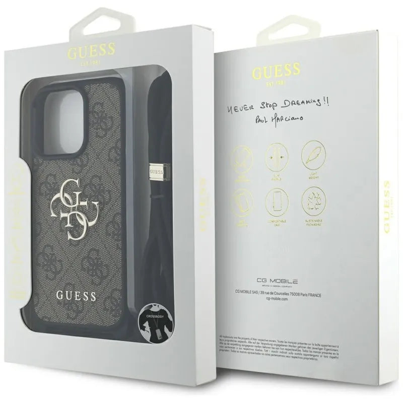 Guess 4G Big Logo Cord Strap Crossbody – dėklas iPhone 16 Pro Max (rudas)