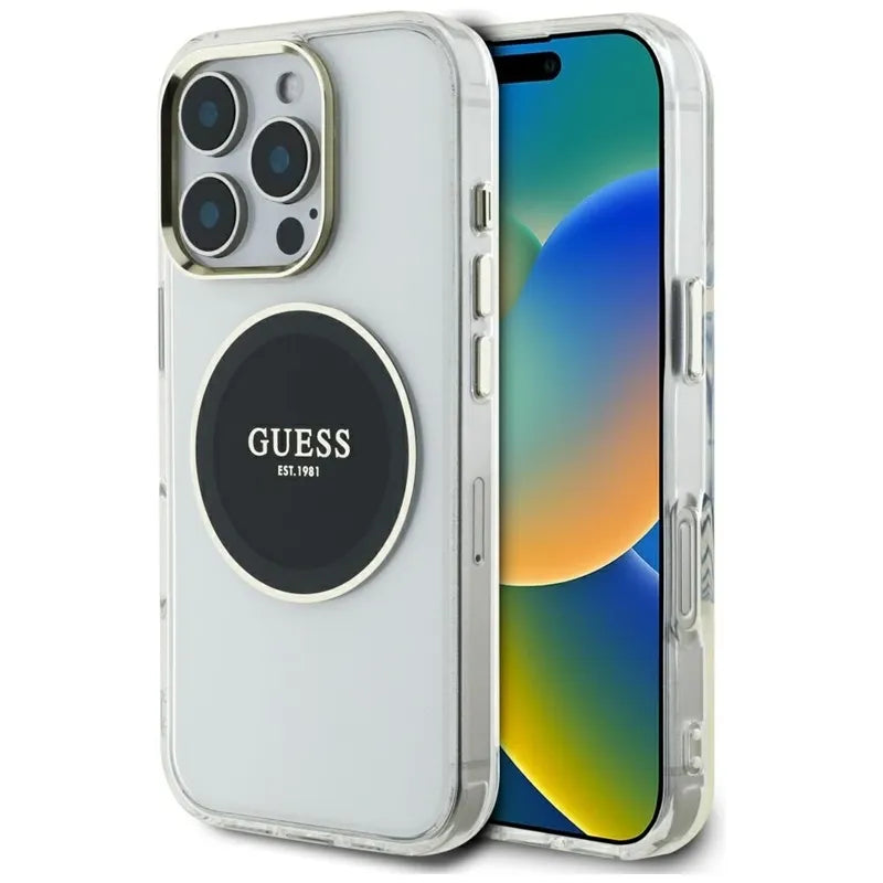 Guess IML Metal Colored Circle Classic Logo MagSafe – dėklas, skirtas iPhone 16 Pro Max (juodas)