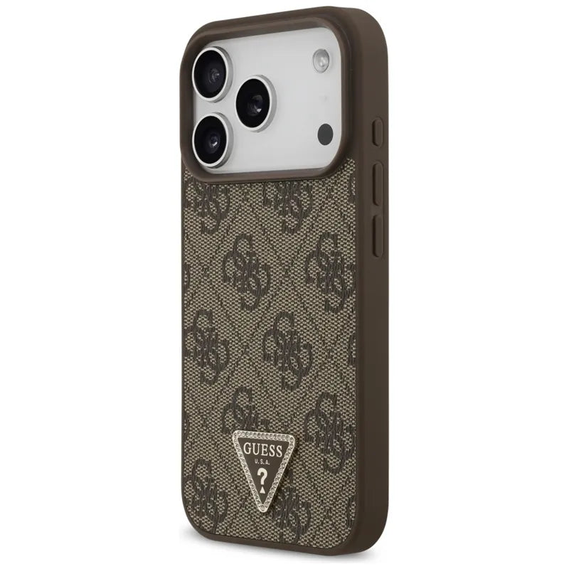 „Guess Leather 4G Triangle Strass MagSafe“ – dėklas „iPhone 17 Pro“ (rudas)