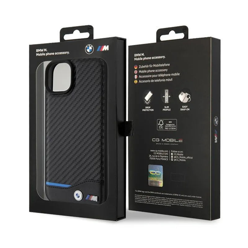 BMW Leather Carbon Blue Line – dėklas iPhone 15 Plus (juodas)