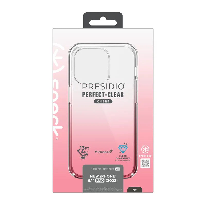 Speck Presidio Perfect-Clear + Ombre – iPhone 14 Pro dėklas su MICROBAN danga (skaidrus / Vintage Rose Fade)
