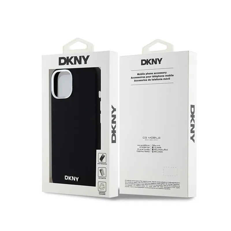 DKNY Liquid Silicone Small Metal Logo MagSafe – dėklas iPhone 15 Plus / 14 Plus (juodas)
