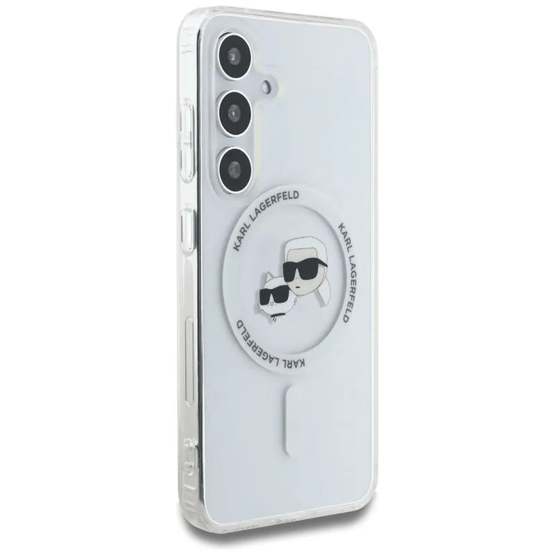 Karl Lagerfeld Button Karl & Choupette Heads Printed Logo MagSafe - Dėklas skirtas Samsung Galaxy S25 (Baltas)