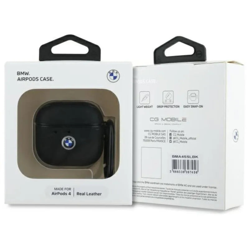 BMW Genuine Leather Silver Logo – dėklas AirPods 4 (juodas)