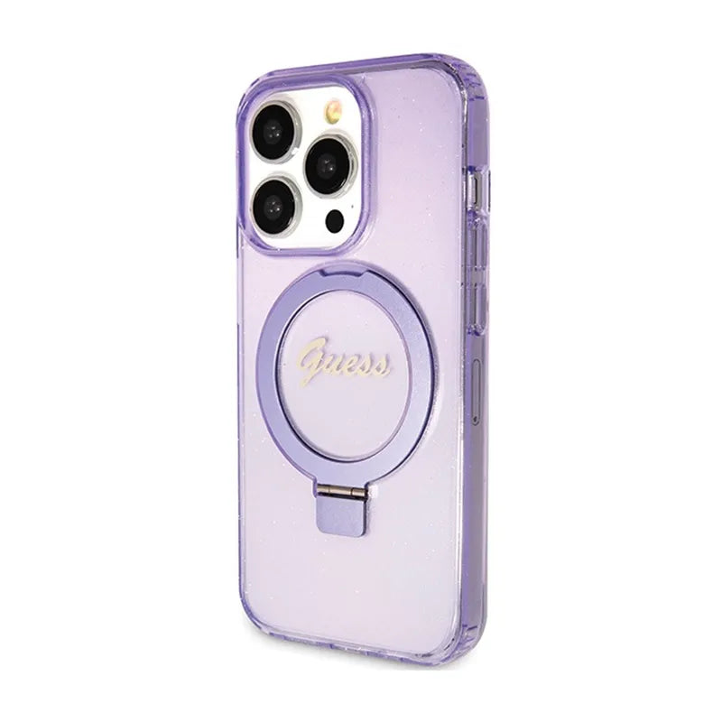 Dėklas Guess Ring Stand Script Glitter MagSafe – iPhone 15 Pro (violetinis)