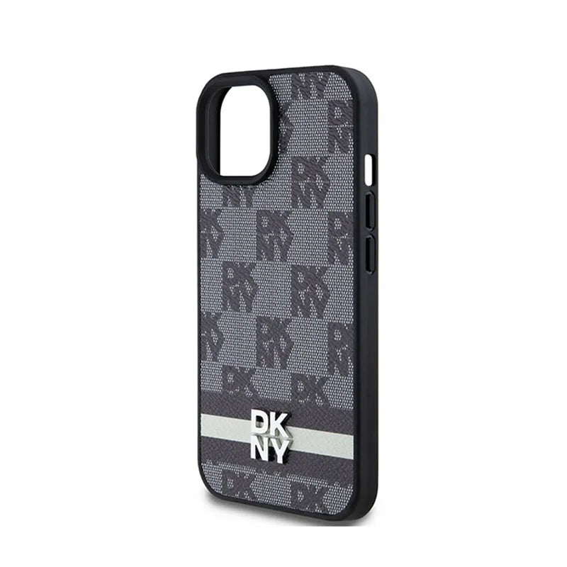DKNY Leather Checkered Mono Pattern & Printed Stripes – iPhone 15 Plus / 14 Plus dėklas (juodas)