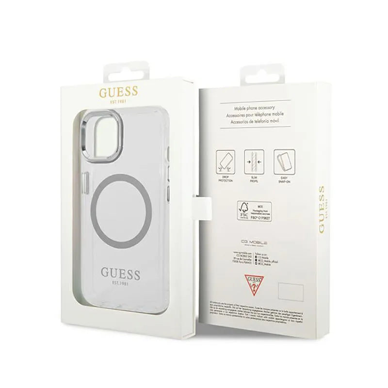 Guess Metal Outline MagSafe – dėklas iPhone 14 Plus (skaidrus)