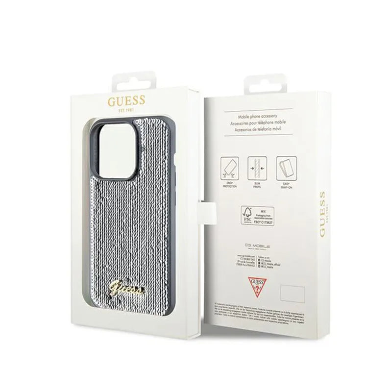 Guess Sequin Script Metal - Dėklas iPhone 14 Pro telefonui (sidabrinis)