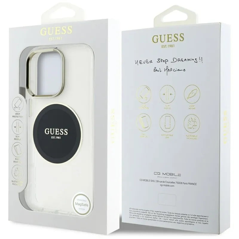 Guess IML Metal Colored Circle Classic Logo MagSafe – dėklas, skirtas iPhone 16 Pro Max (juodas)