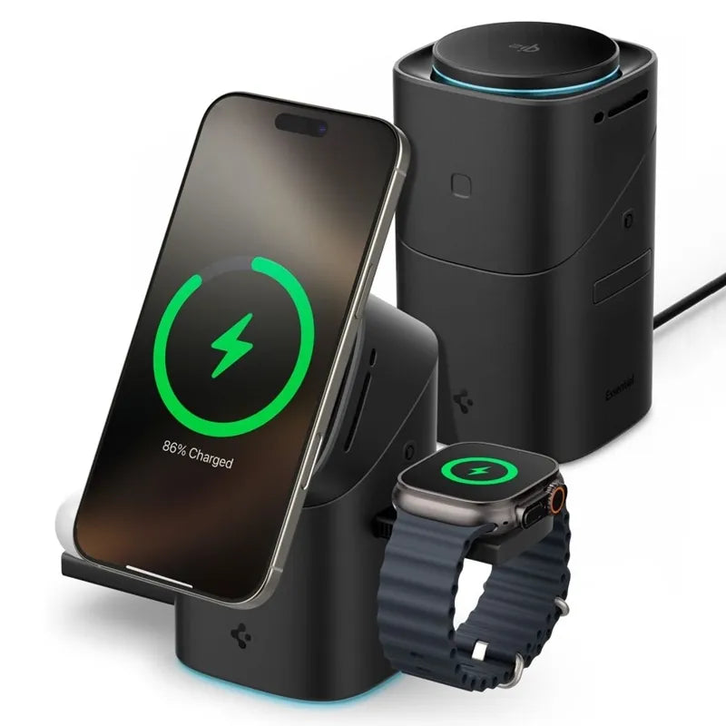 Spigen Essential EF223MS Qi2 rotacinis magnetinis 3-in-1 MagSafe indukcinis įkroviklis, skirtas iPhone, AirPods ir Apple Watch 15W (juodas)