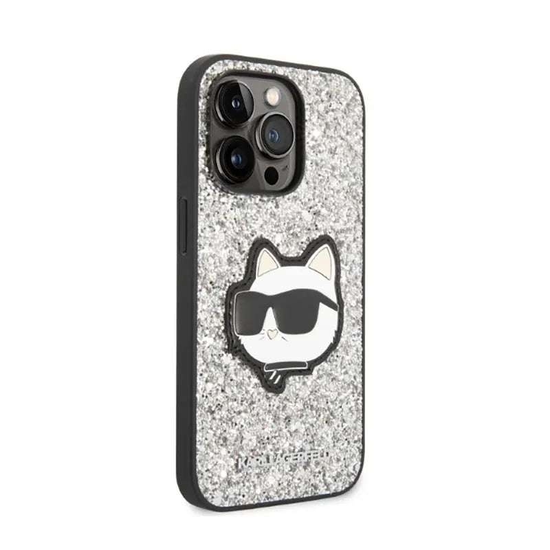 Karl Lagerfeld NFT Glitter Choupette Patch – dėklas iPhone 14 Pro (sidabrinis)