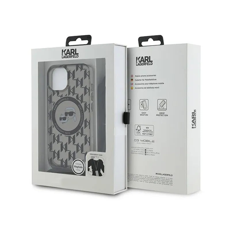 Karl Lagerfeld IML Crossbody Monogram Karl & Choupette Head MagSafe – Dėklas iPhone 15 / 14 / 13 (juodas)