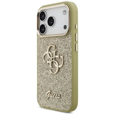Guess Fixed Glitter Big 4G Metal Frame – Dėklas iPhone 17 Pro (auksinis)
