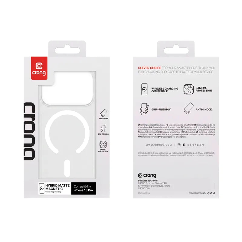 Crong Hybrid Matte Magnetic – MagSafe dėklas, skirtas iPhone 18 Pro / 17 Pro (baltas)