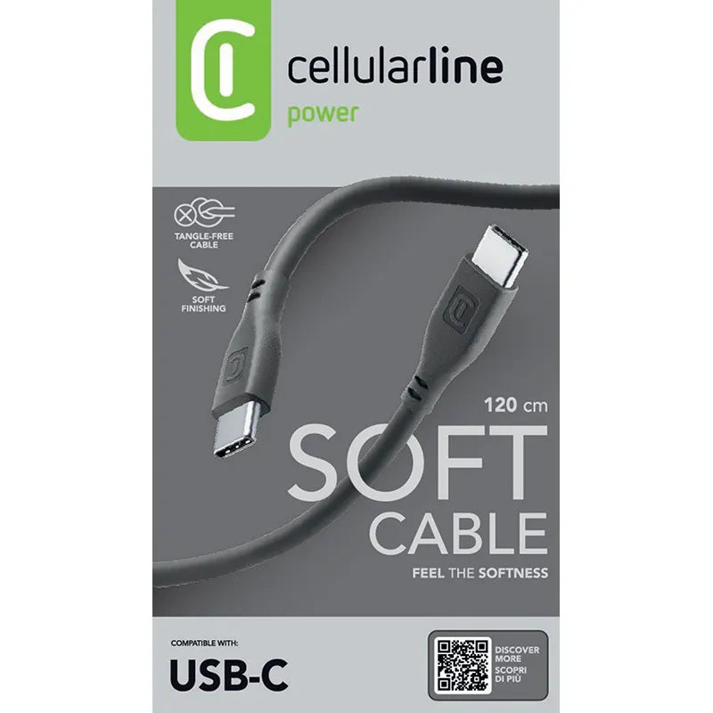 Cellularline Soft Cable – USB-C į USB-C kabelis 1,2 m (juodas)